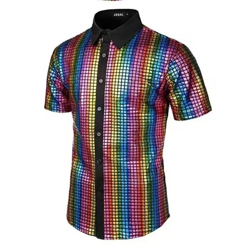 Camisa de lantejoulas douradas brilhantes Chang para homens, fantasia de cosplay, discotecas, ix, casamento, cantor de palco, baile
