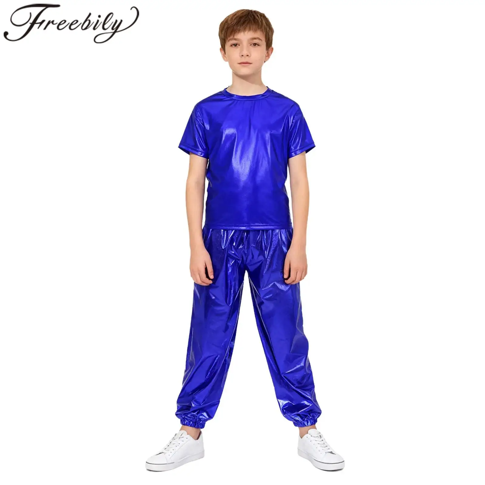 

Детский джазовый современный костюм в стиле хип-хоп для девочек и мальчиков, наряд для дискотеки, футболка с короткими рукавами + брюки, металлическая танцевальная одежда для выступлений, танцевальная одежда