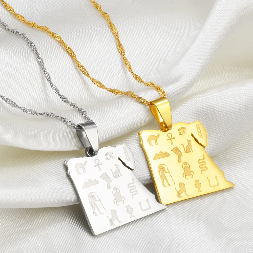 Anniyo Egypt Map and Ancient Egyptian Symbols Nefertiti Ankh God Eye Amulet Pendant Necklaces Women Men Africa Jewelry @271621