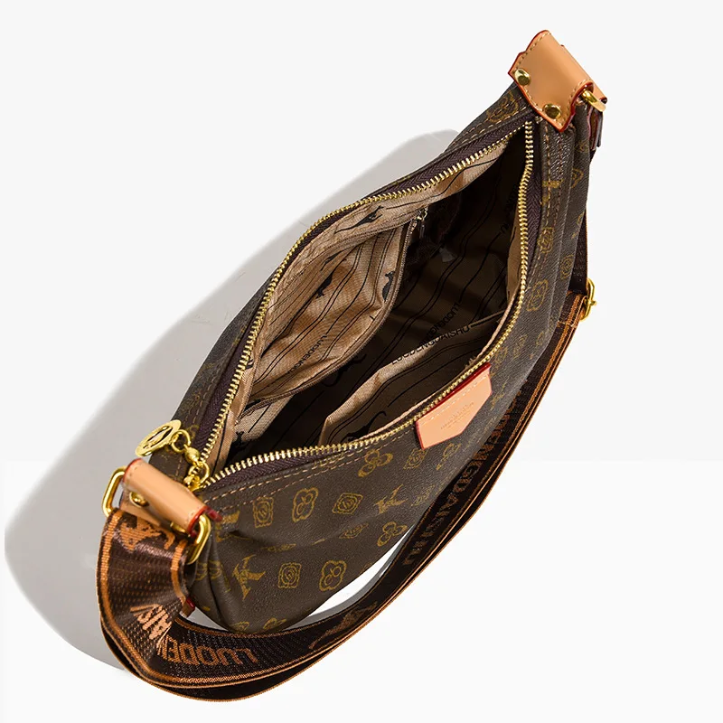 2025 nova bolsa de bolinho feminina retro impressão grande capacidade bolsa de ombro leve multi-bolso crossbody saco casual chique ​