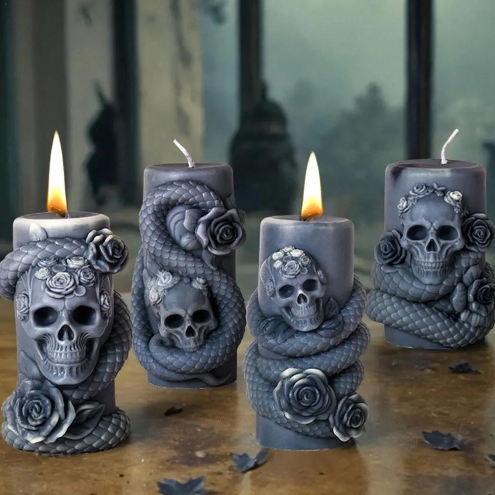 2024 New Creative Cylindrical Snake Aromatherapy Candle Silicone Mold Skull Halloween Decoration Candle High Quality Mold