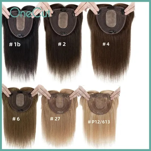 Imagen 1 del producto Base superior de seda recta para mujer, peluquín con Clip de encaje suizo con flequillo, 100% transpirable, peluca humana Real, pelucas de Color rubio