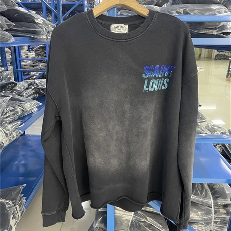 25ss Letters Diamonds SAINT LOUIS Sweatshirt Best Quality Oversized Casual Man Woman Washed Vintage Black Pullover