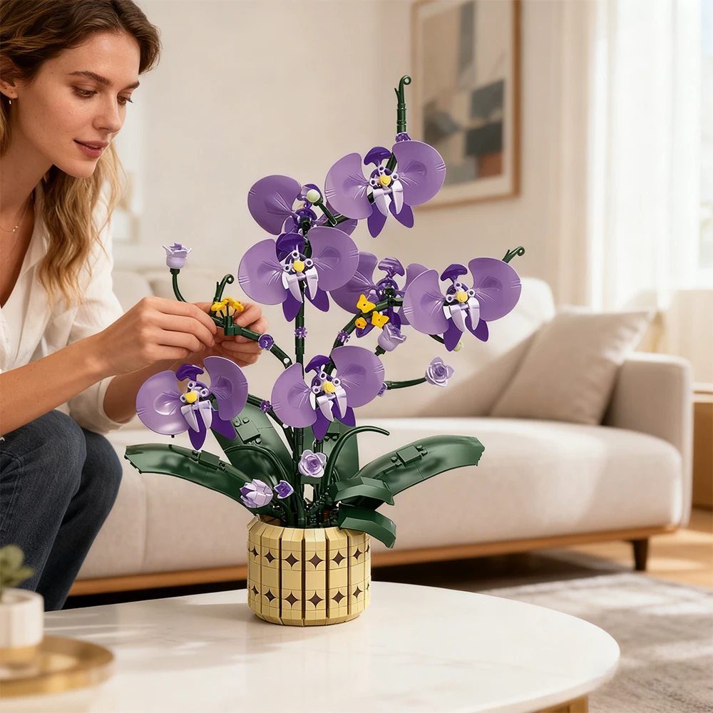 영원한 난초 블록 발렌타인데이 DIY 벽돌 꽃병과 상자가 있는 꽃 장식 어린이 및 성인용 MOC 로맨틱 장식품 최고의 선물