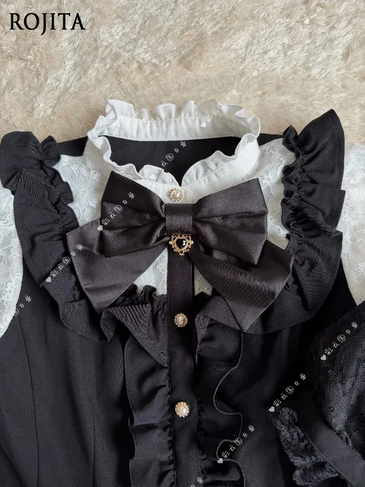Japanese Sweet Lolita Stand Up Collar Bow Waist Lace Bubble Short Sleeved Ruffle Cake Dress Black Shorts Two Pieces Sets Women