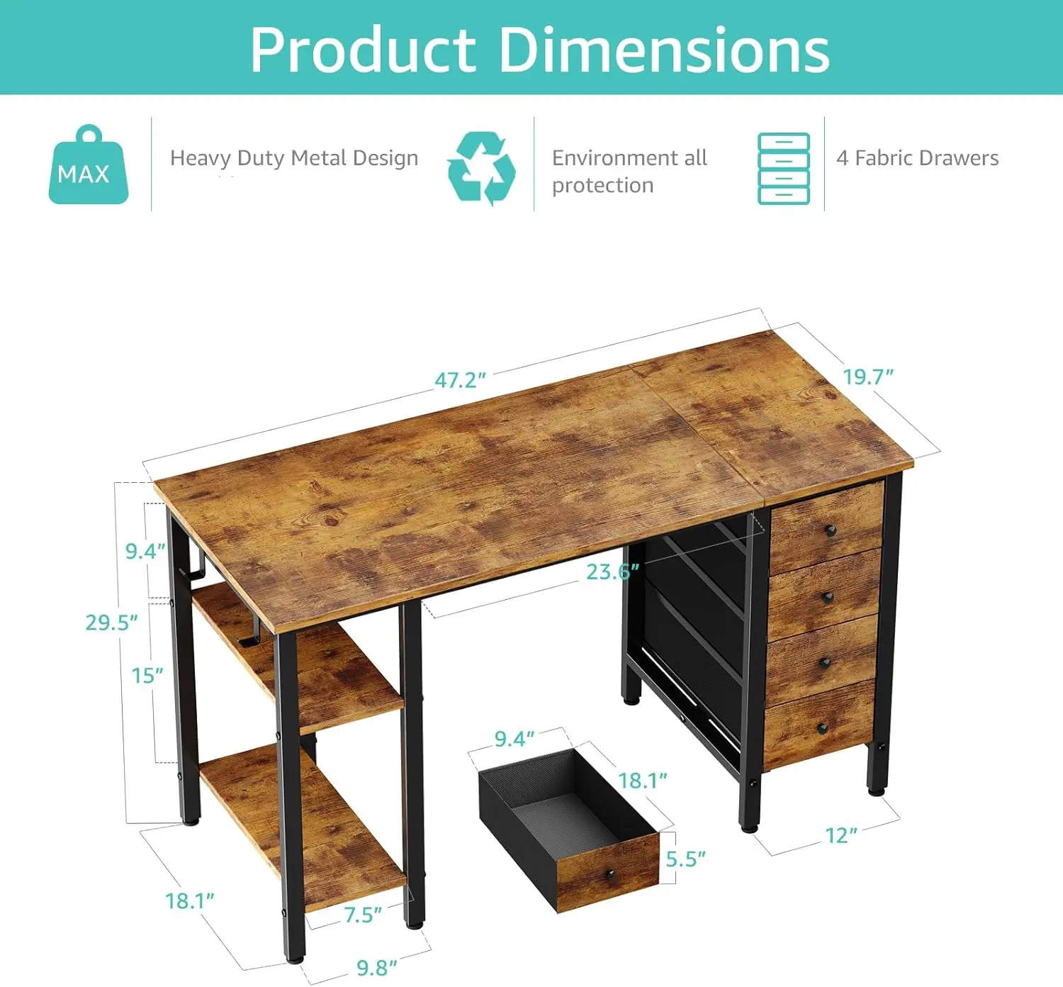 Lufeiya 47 Inch Computer Desk with 4 Drawers & Storage Shelves, Writing Work Study Desk for Home Office Bedroom , Rustic Brown