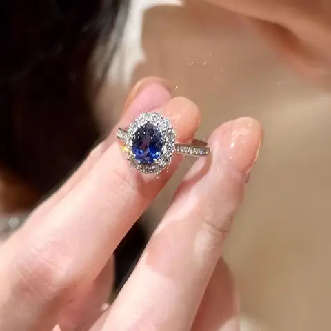 Korean Blue Zircon Round Opening Ring for Women Fashion Metal Inlay Rhinestone Finger Rings Set Party Charms Jewelry Gift