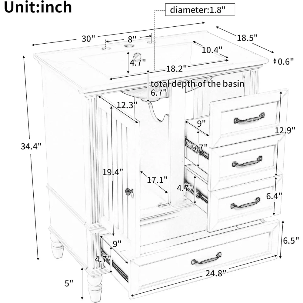 30 Inch Bathroom Vanity with Single Sink, Solid Wood Freestanding Bathroom Storage Cabinet with Ceramic Basin,