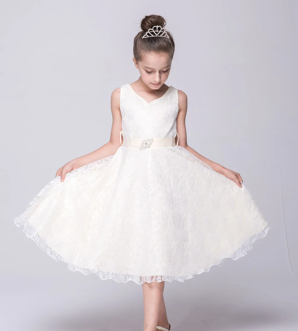 

Girls Birthday Party Show Dress Lace Solid Prom V Neck Sleeveless Dress Summer A Line Princess Children Mid Claf Evening Dress