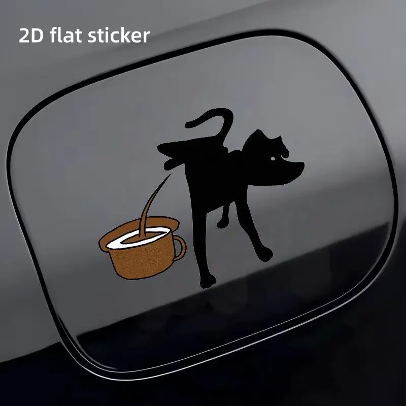 Silhouette with A White Silhouette, and A Pattern of Brown Liquid Being Poured Into The Fuel Tank Lids, Featuring A Black Dog
