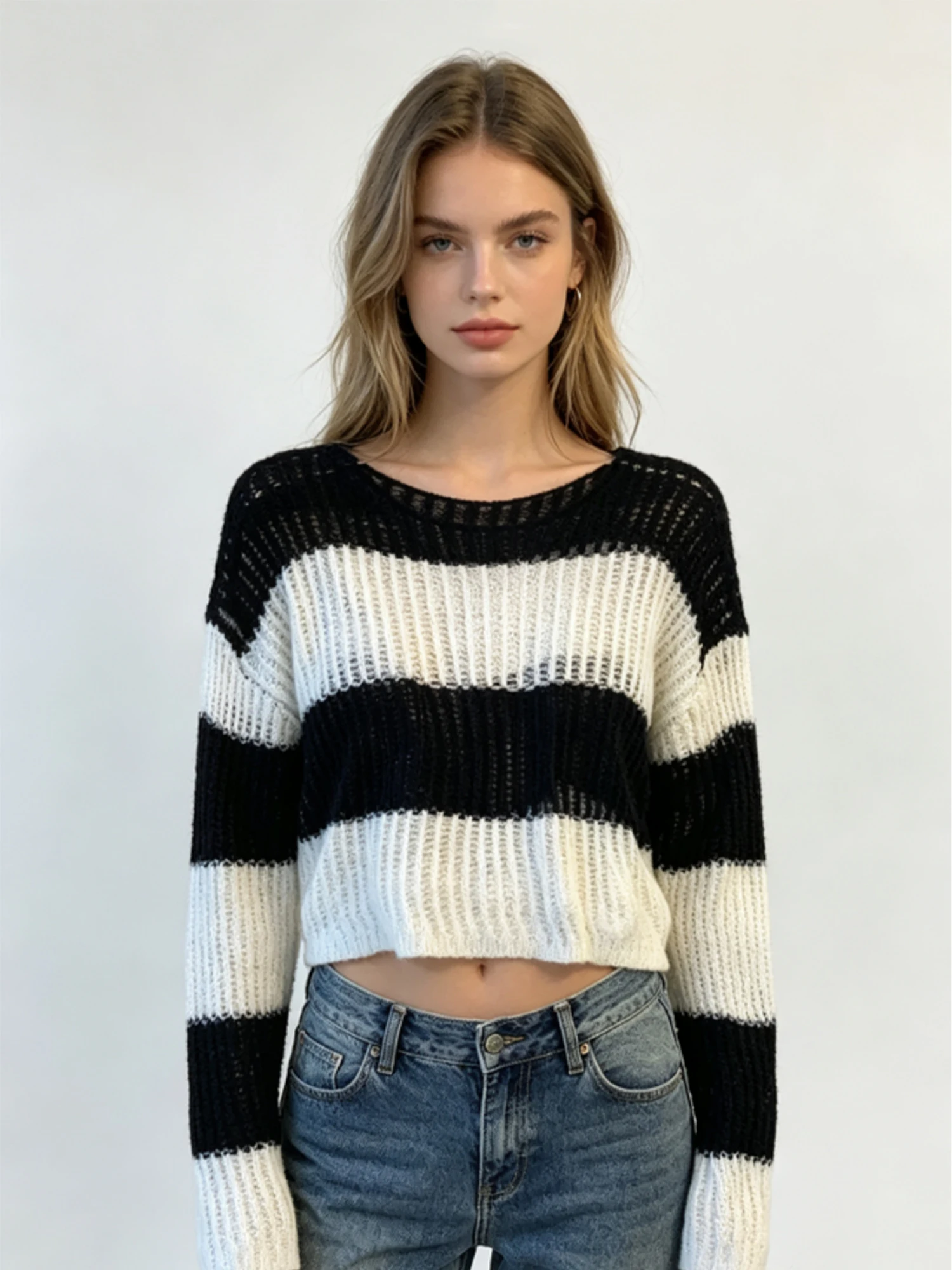 Women's Black and White Striped Hollow-out Knit T-shirt Y2K Gyaru Vintage Knitwear Korean Style Sun Protection Top Summer 2026
