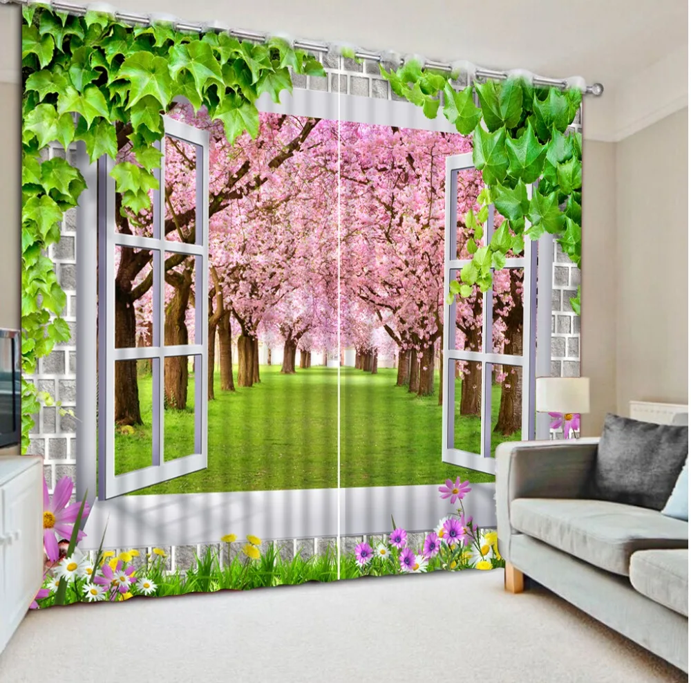 3D Curtain Print 3D Blackout Curtains For Living Bedding Room Drapes Cotinas Cherry Blossom Wall Outside The Green Leaf Window