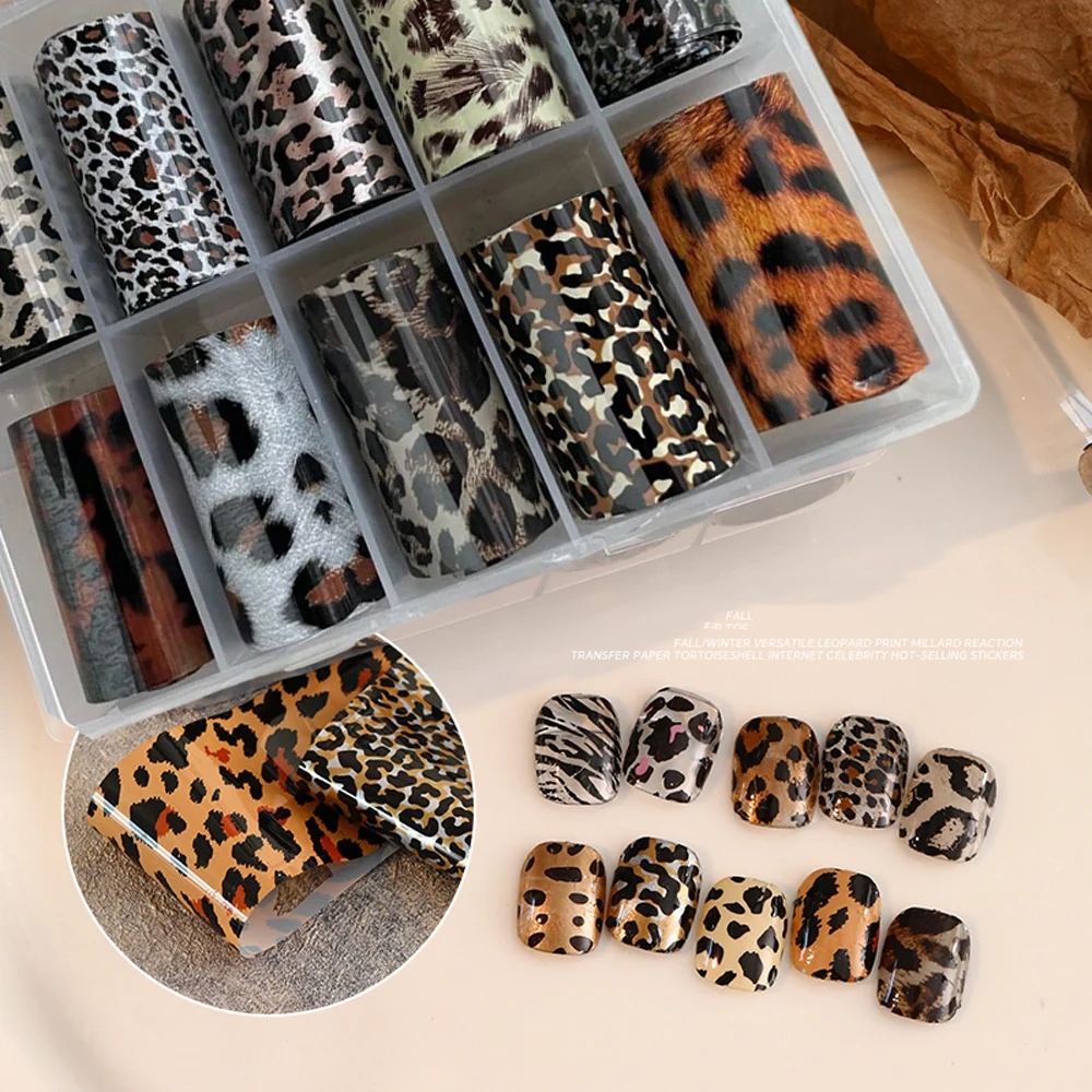 

10 Rolls/Box Leopard Print Transfer Nail Art Foil Retro Amber Pattern Transfer Decals Slider Sexy Animal Pattern Nail Decoration