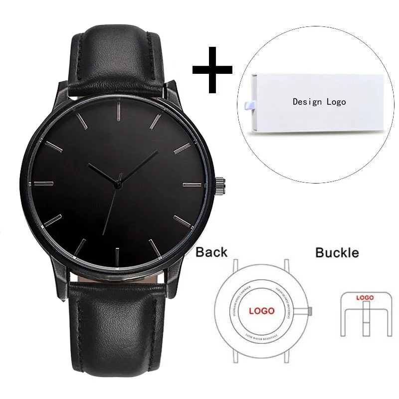 Semplice orologio da uomo nero a 3 lancette Movimento giapponese in vera pelle di buona qualità Crea orologi al quarzo OEM con etichetta privata con logo