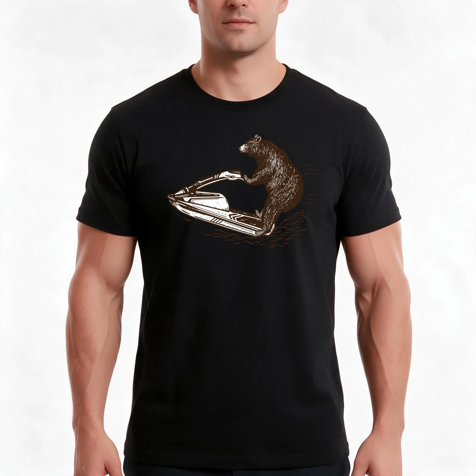 Bear on Jet Ski T-Shirt, Summer Casual Cotton Tee, Oversized Streetwear Tops, Vintage Graphic Print, Loose Fit Short Sleeve