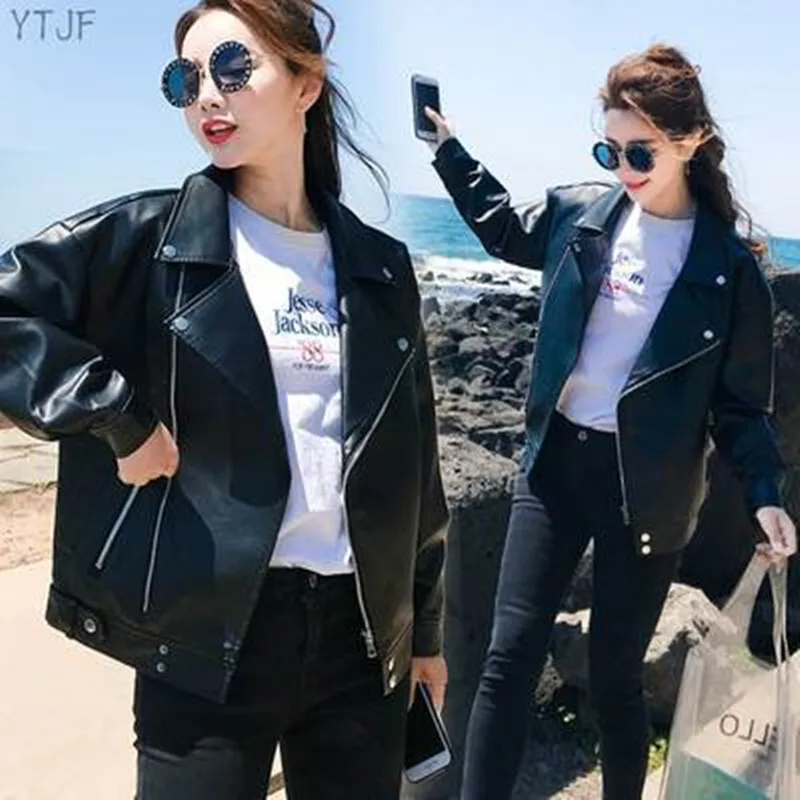 

Korean Style Loose Motorcycle Jacket Women's Short Coat Spring Autumn Winter Student Fashion Thin PU Leather Coat