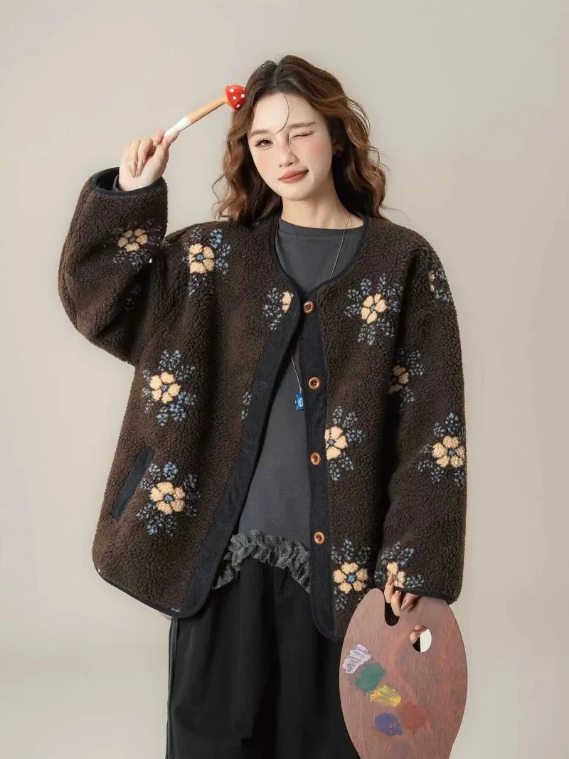 versized Retro Printed Lamb Wool Jacket Women 2026 Spring Winter Loose Warm Coat Vintage Slimming Fashion Outerwear J056