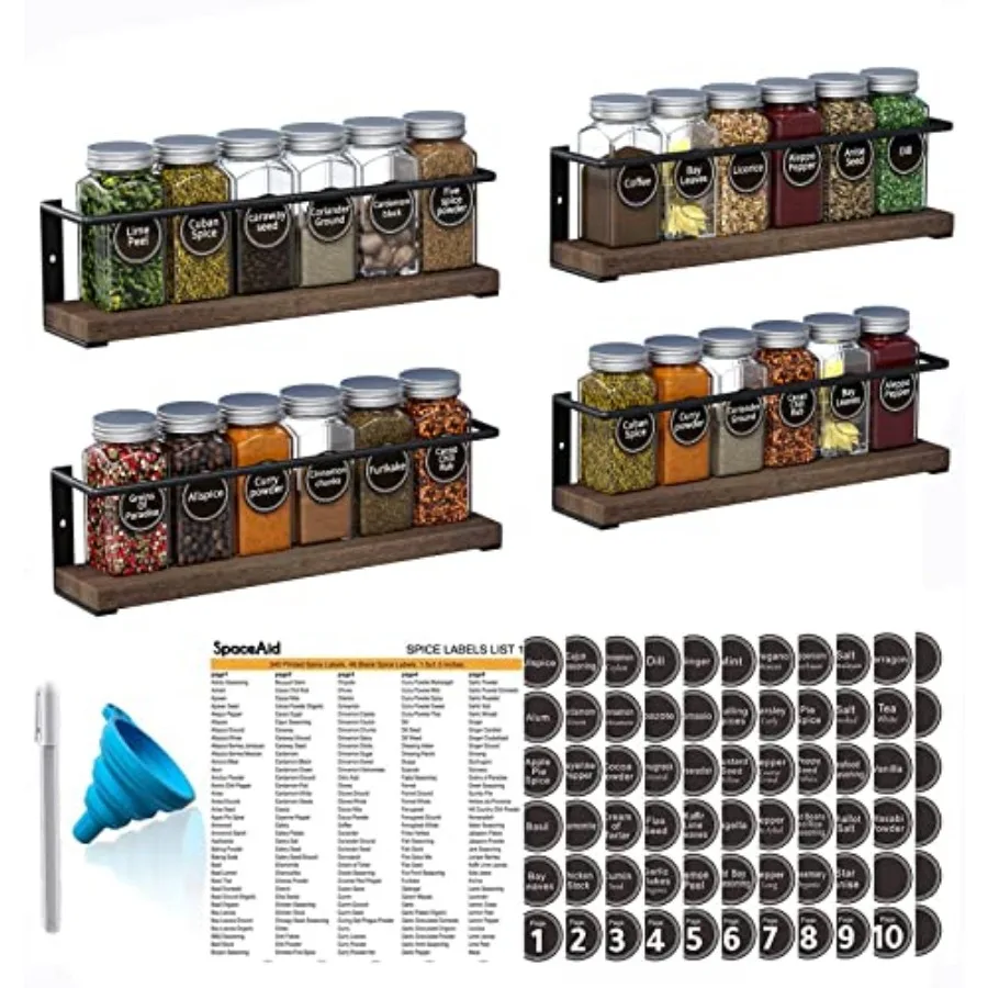 

Spice Rack with 24 Spice Jars, 386 Spice Labels, Chalk Marker and Funnel, Wood Hanging Seasoning Shelf for Cabinet Door or Wall