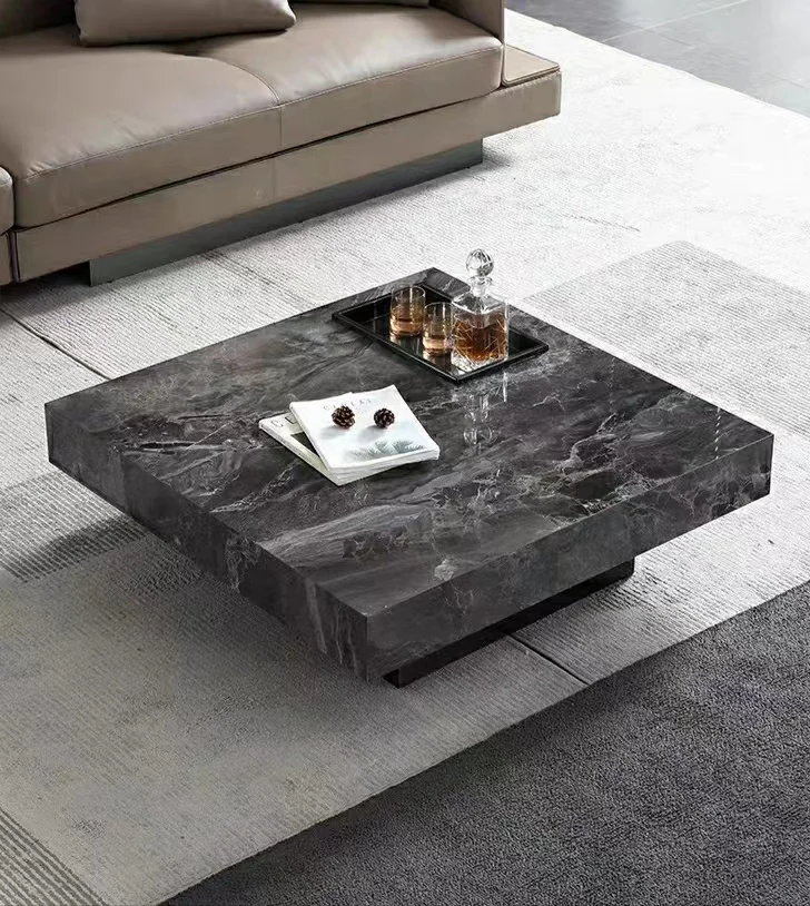 Modern living room furniture square tea table solid wood frame metal base stone surface living room tea table coffee table