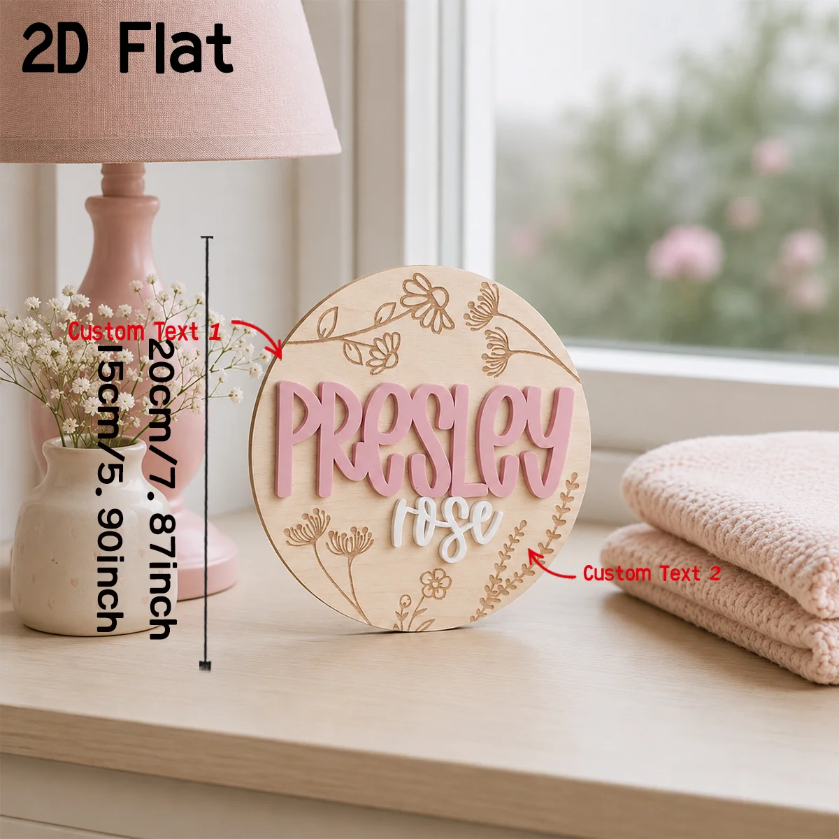 Custom Round Floral Baby Name Wooden Name Plaque With Engraved Wildflowers, Boho Girls Nursery Ornament, Baby Shower Gift
