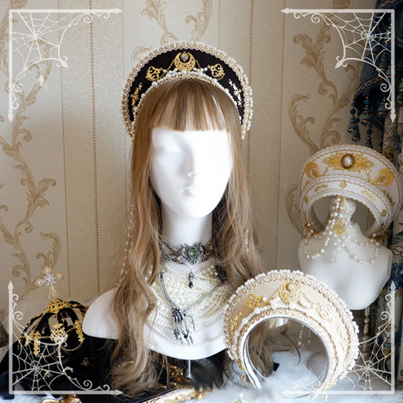 Hand-made Lolita Gothic KC Crown Palace Retro Gorgeous Bead Chain Tiara Renaissance Headband Vintage Baroque Hat Hair Ornaments