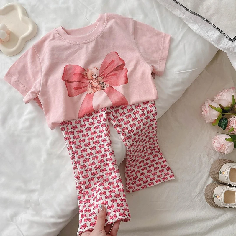 2Pcs Girls Clothes Sets Summer Kids Cartoon Bowknot Pattern Vest T-shirt + Print Wide Leg Pants Suits Baby Children Clothing image 4