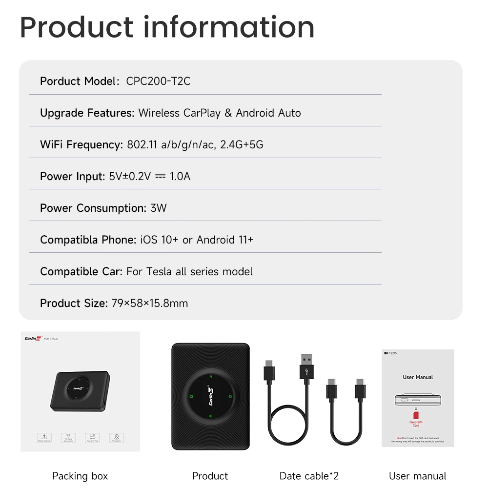 Carlinkit T2C อะแดปเตอร์สำหรับ Tesla Android Auto สำหรับรุ่น3รุ่น Y x BT เชื่อมต่อโดยไม่มีซิมการ์ด Tesla CarPlay BOX