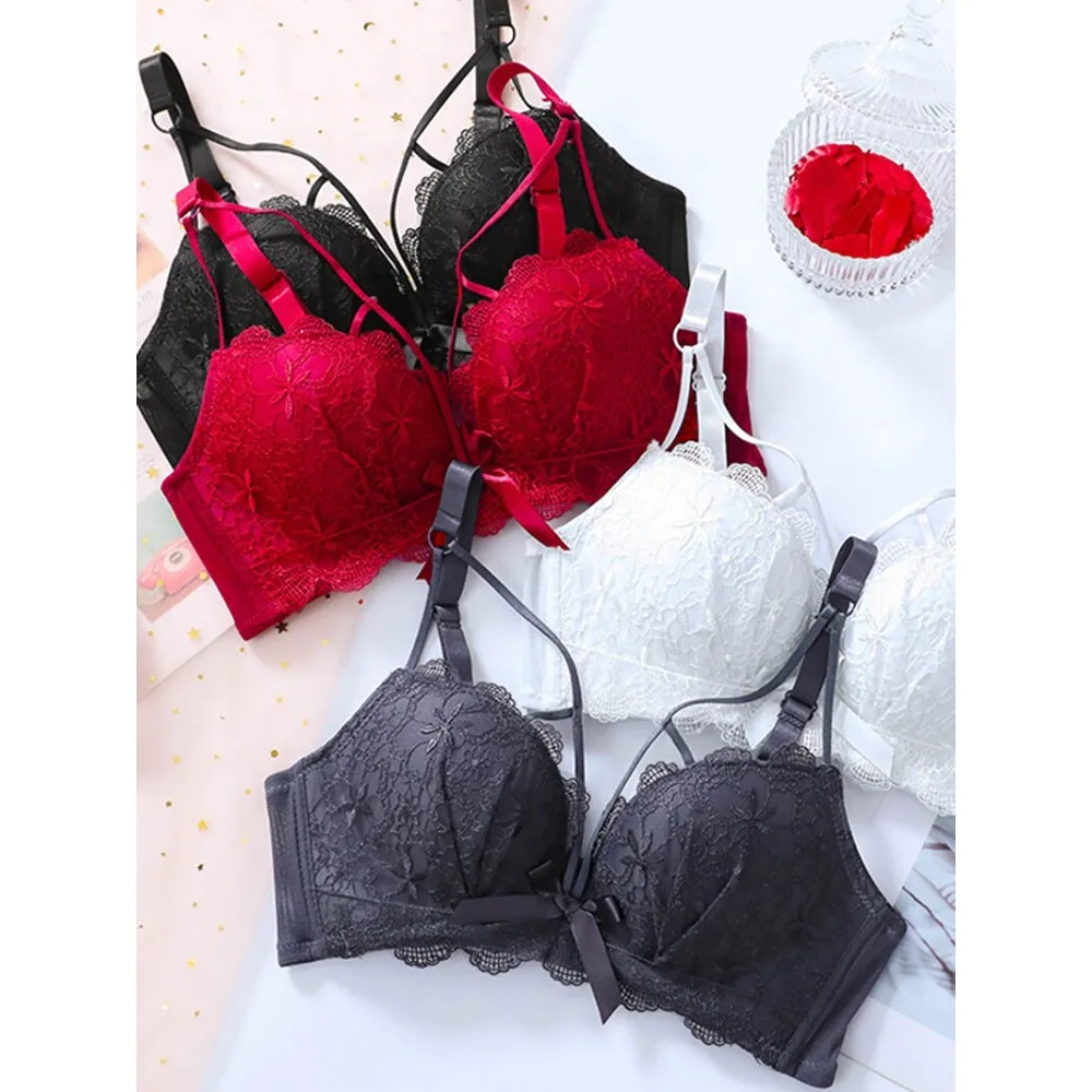 Elegant Embroidery Brassiere Set, Small Bust, Thin Upper Thick Lower Cup, Side Collection Anti Sagging Beautiful Back Underwear