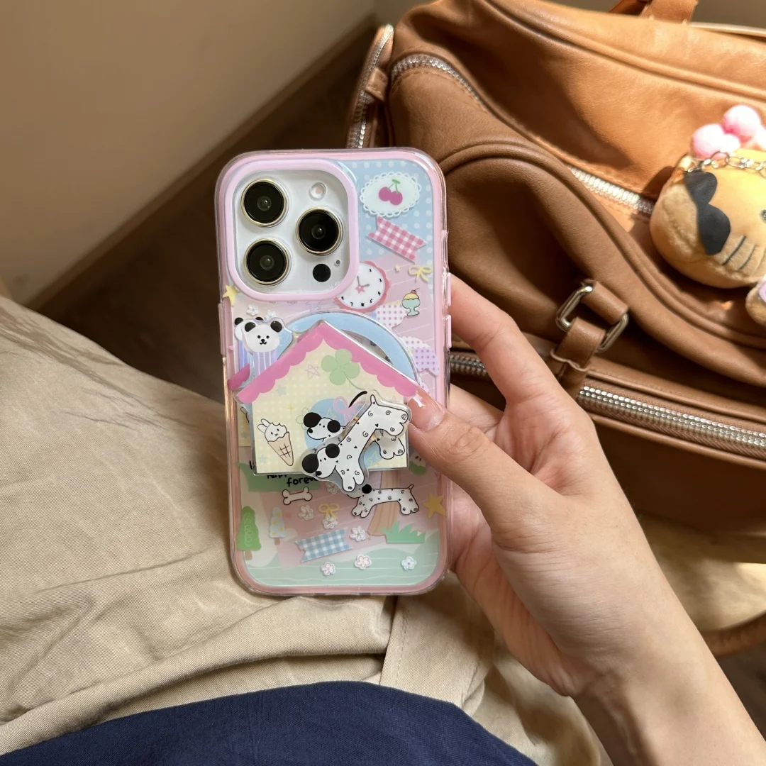 

Cute Puppy Cartoon Dog Magnetic Phone Case for IPhone 16 15 14 Pro Max Case with Magsafe Stand Holder Silicone INS Korea style﻿
