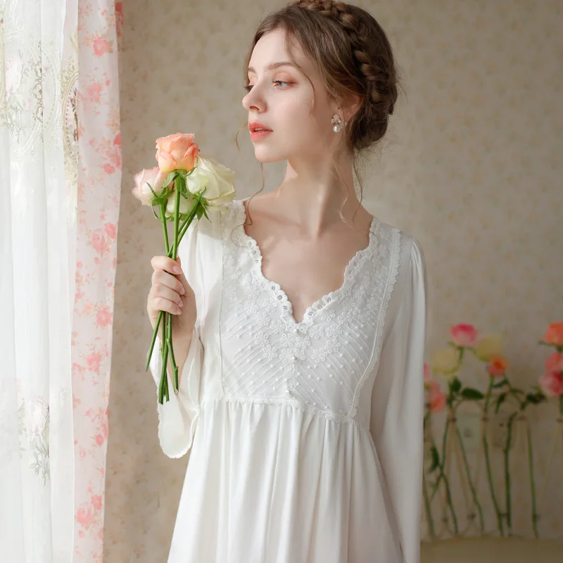 Autumn Cotton Night Dress Women Fairy Embroidery Lace Long Sleeve Loose Sleepwear Vintage Sexy V Neck Nighty Victorian Nightgown