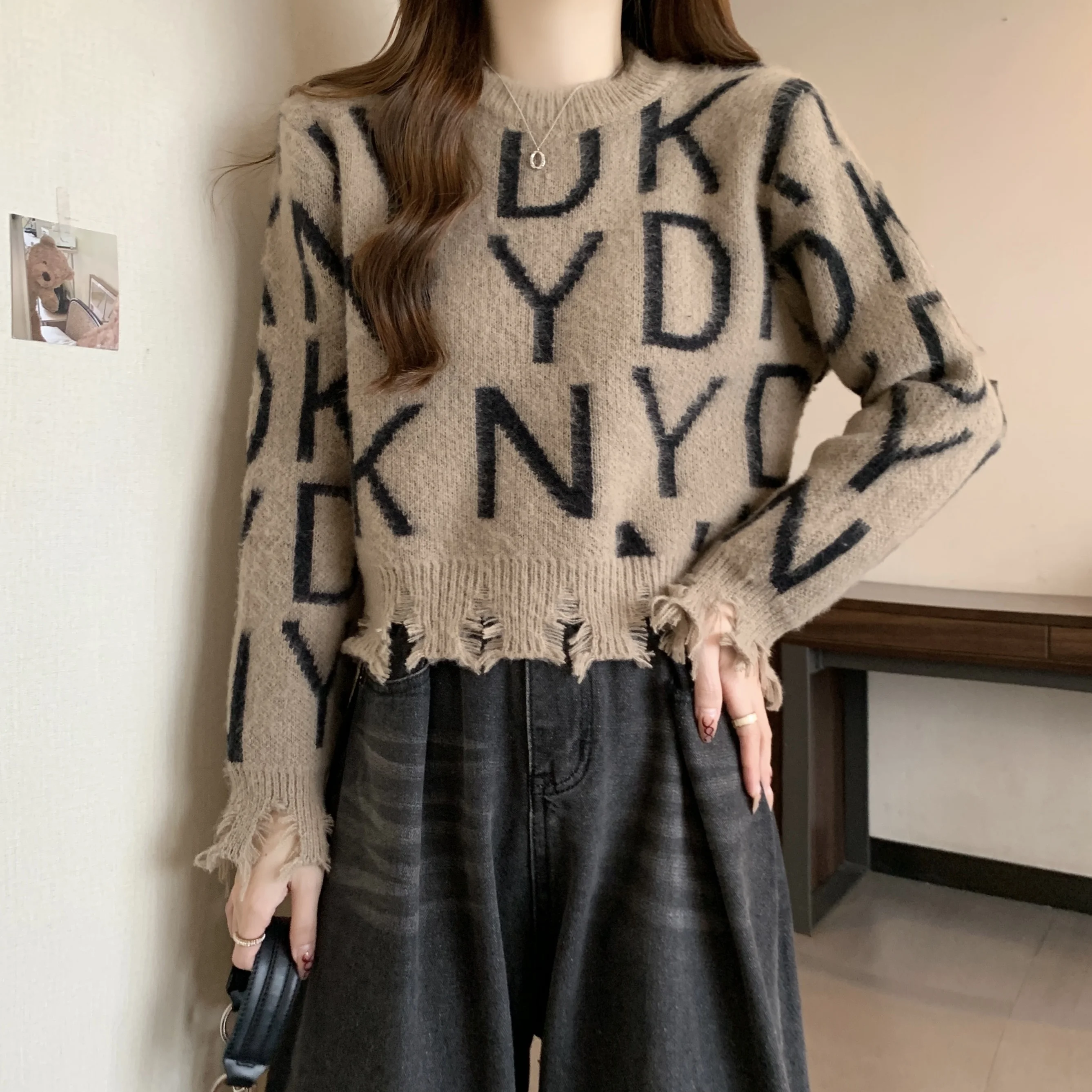 ort レディースセーター 2025年秋冬新作 ファッション ハイウエスト ホールレター刺繍 アウタートップ コットン ロングスリーブ クルーネック...