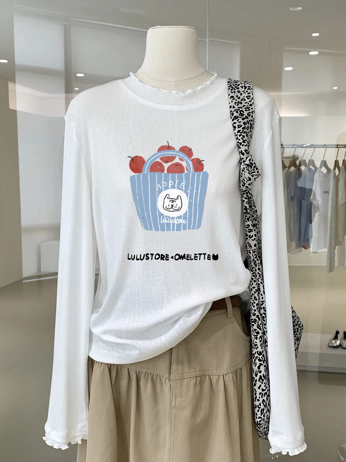 Korean Style Long Sleeve T-Shirt Women's Simple Print Layering Skin-friendly Comfortable Base Shirt Trendy Wood Grain 