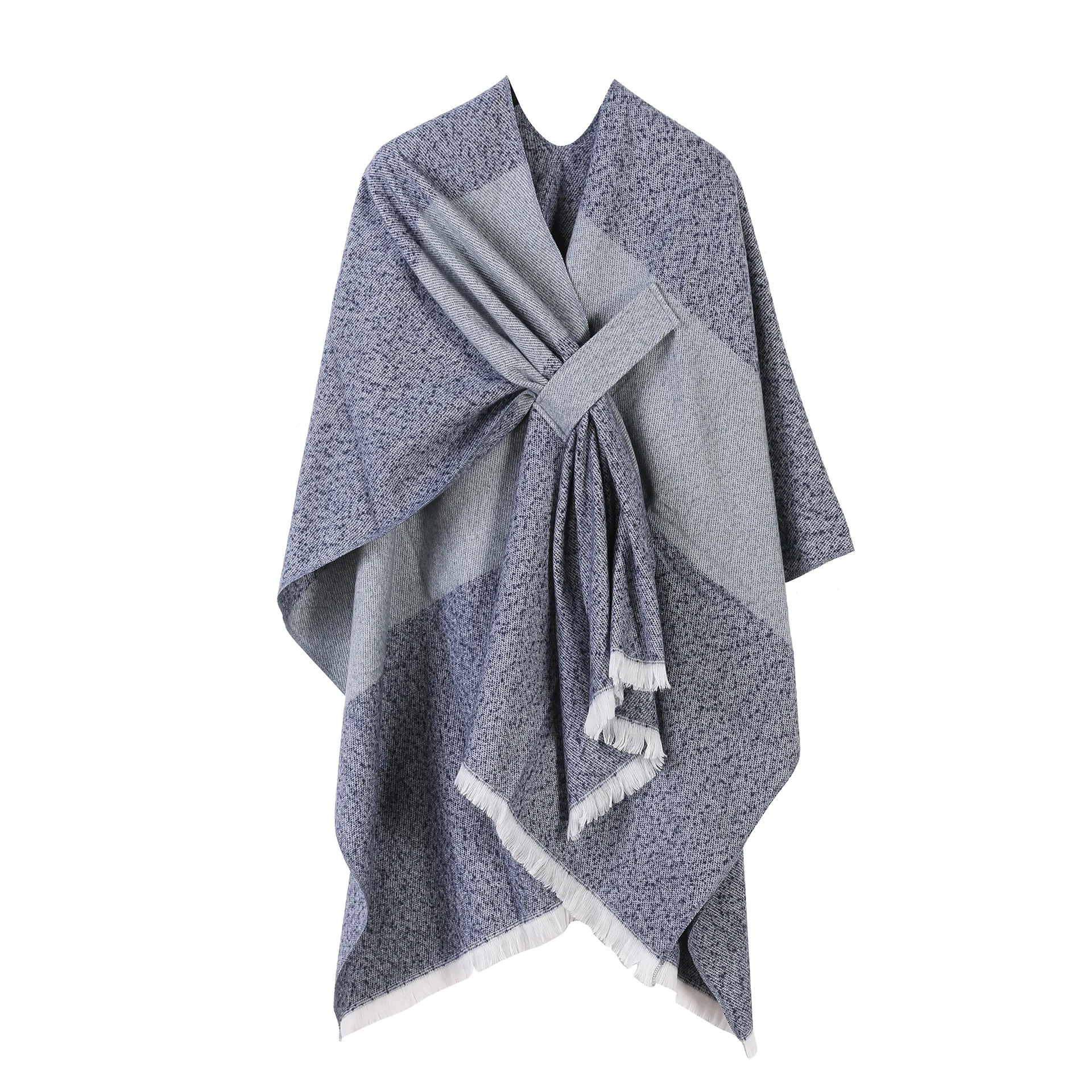 Women's knitted shawl, European and American fashion simple color blocked diagonal strap cape cloak outer outfit Poncho