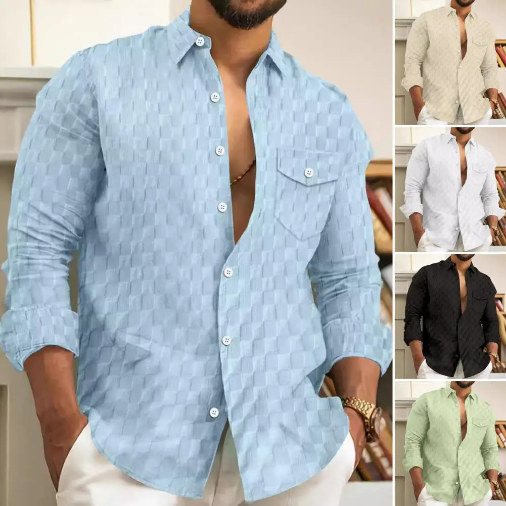 2025 قميص رسمي للرجال بسيط وأنيق قميص طويل الأكمام المألوف الرجال جيب فضفاض منقوشة الأعمال قاع #2
