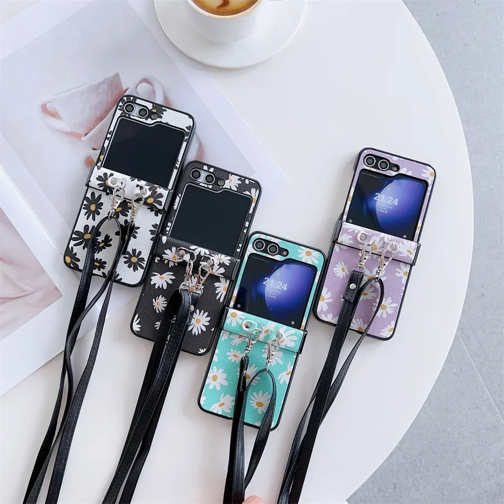 Cute Chrysanthemum Crossbody Lanyard Phone Case For Samsung Galaxy Z Flip 6 5 4 3 5G Hinge Protection Hard PC PU Leather Cover