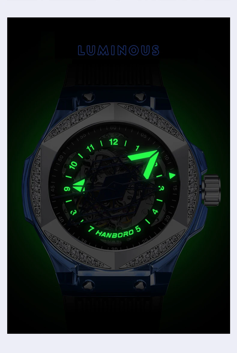 HANBORO, reloj automático para hombre, caja acrílica de 42mm, reloj de pulsera mecánico, resistente al agua, zafiro luminoso, esfera hueca