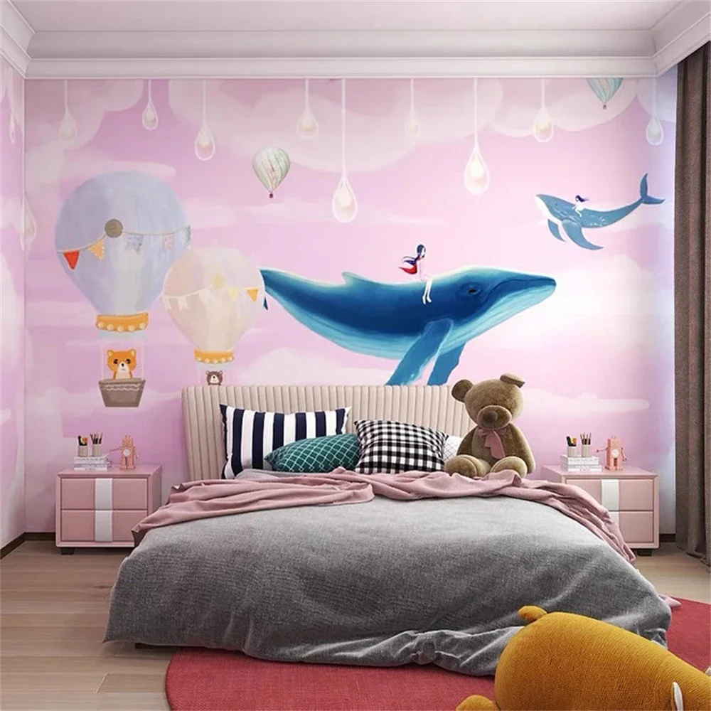 

Нордические минималистичные обои с мультяшными рисунками для детской комнаты, фоновые обои с изображением кита и девочки, настенные обои для спальни, декор для дома
