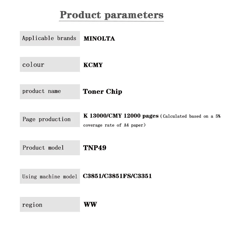 TNP49 BK/C/M/Y  13K/12K WW Toner Chip for MINOLTA bizhub C3851/C3851FS/C3351