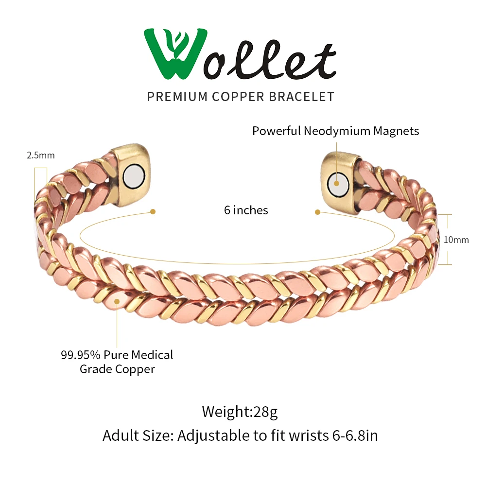 Wollet Pure Copper Magnetic Bracelet for Women Men 5.9'' Copper Bangles with Magnet Jewelry Gift