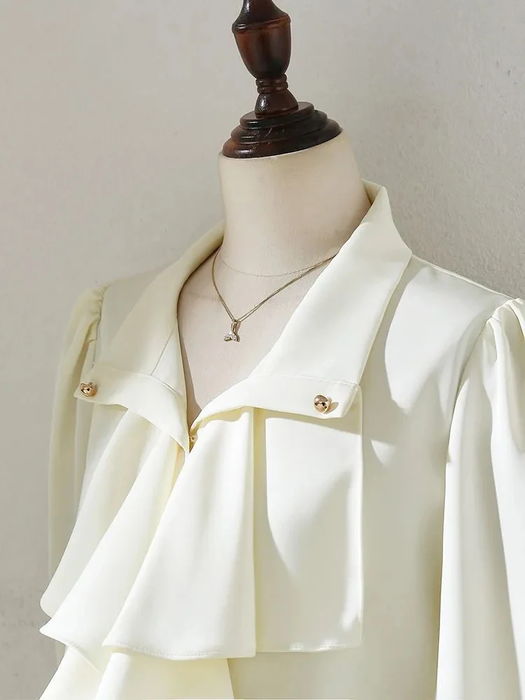 Eleganckie koszule damskie na jesień, szykowne bluzki z guzikami, falbankami, rozkloszowanymi rękawami, luźne, modne, morelowe, codzienne, do biura, delikatne topy.