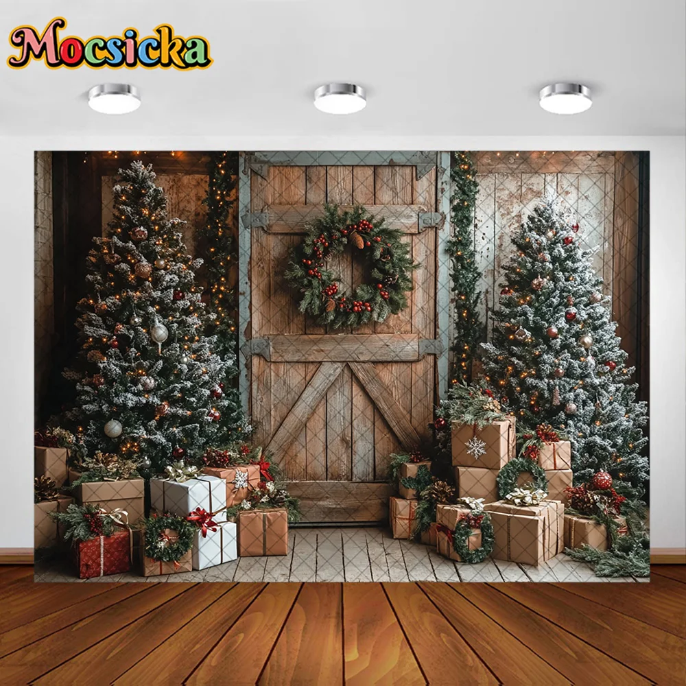 Mocsicka 写真撮影の背景 クリスマスルーム ツリードア リース 装飾背景 家族 子供 クリスマス ホリデー パーティー プロム スタジオ