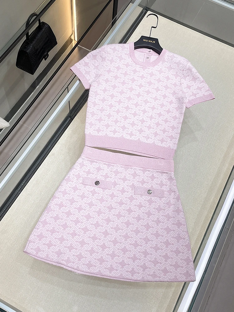 

MIGII Premium Women's Pink Floral Knit Top And Skirt Set Summer Season ort Sve Low round Ne Straight Tube Sle
