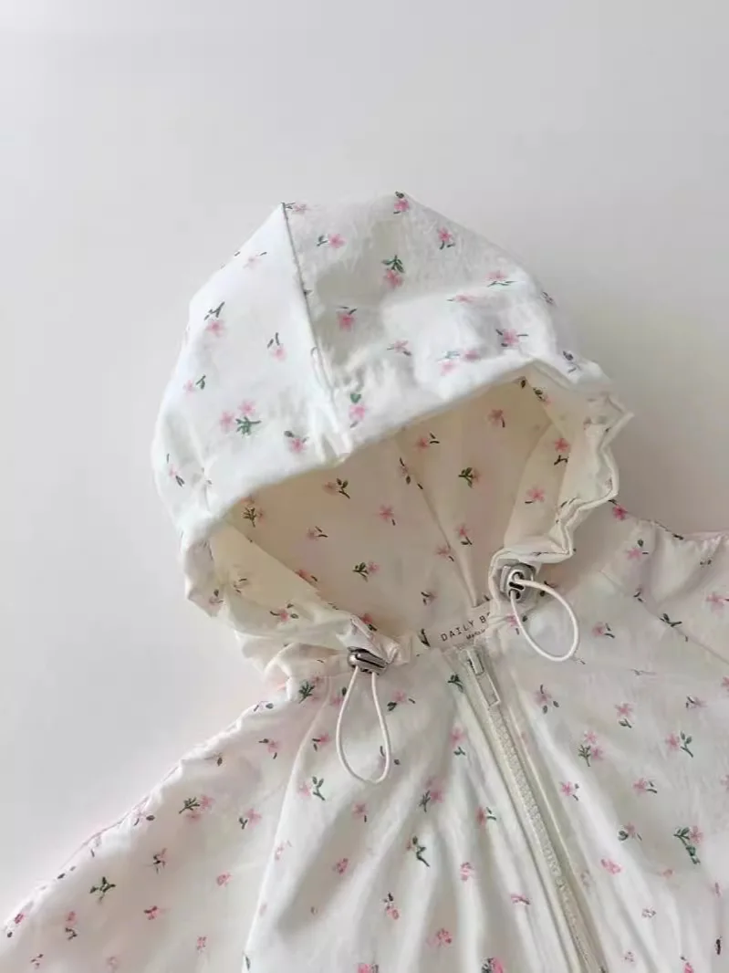 Summer New Children Long Sleeve Sunscreen Set Baby Girls Hooded Cardigan Coat Toddler Floral Bow Shorts Suit Kids Casual Outfits