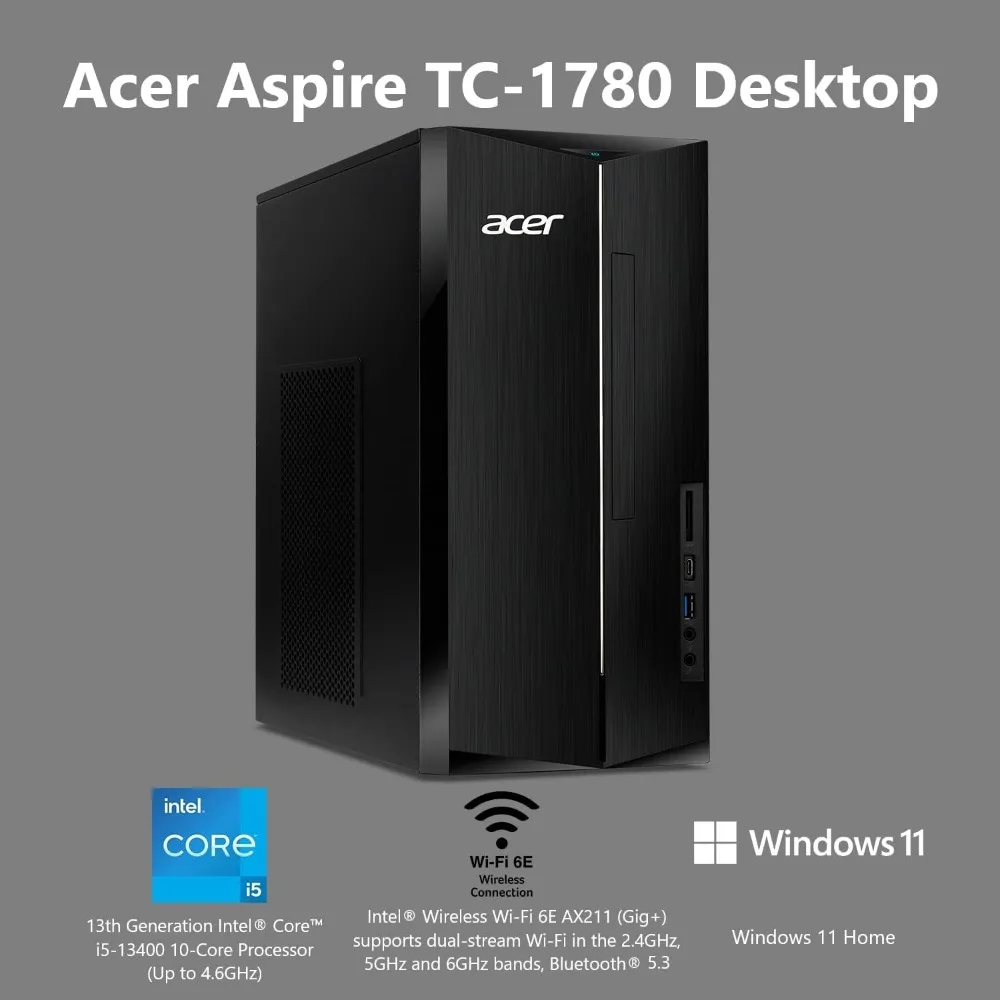 Aspire TC-1780-UA92 Desktop, 13th Gen Intel Core i5-13400 Processor, 8GB 3200MHz DDR4, 512GB M.2 SSD, SD Card Reader