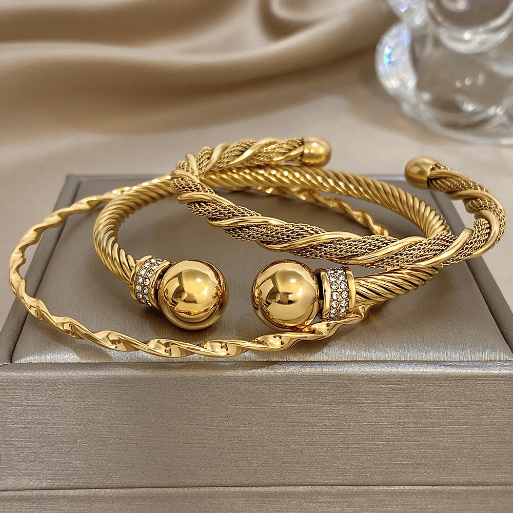 Greatera Hochwertiger Warp Twine C-förmiger offener Herren-Armreif aus Edelstahl mit Strass-Intarsien, Damen-Manschettenarmband, Schmuck, Geschenk – Detail 3