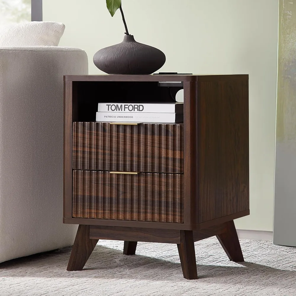 

Fluted Nightstand with Charging Station, 18" Modern Side Table, 2 Drawers End Table with Storage, Bedside Table for Bedr