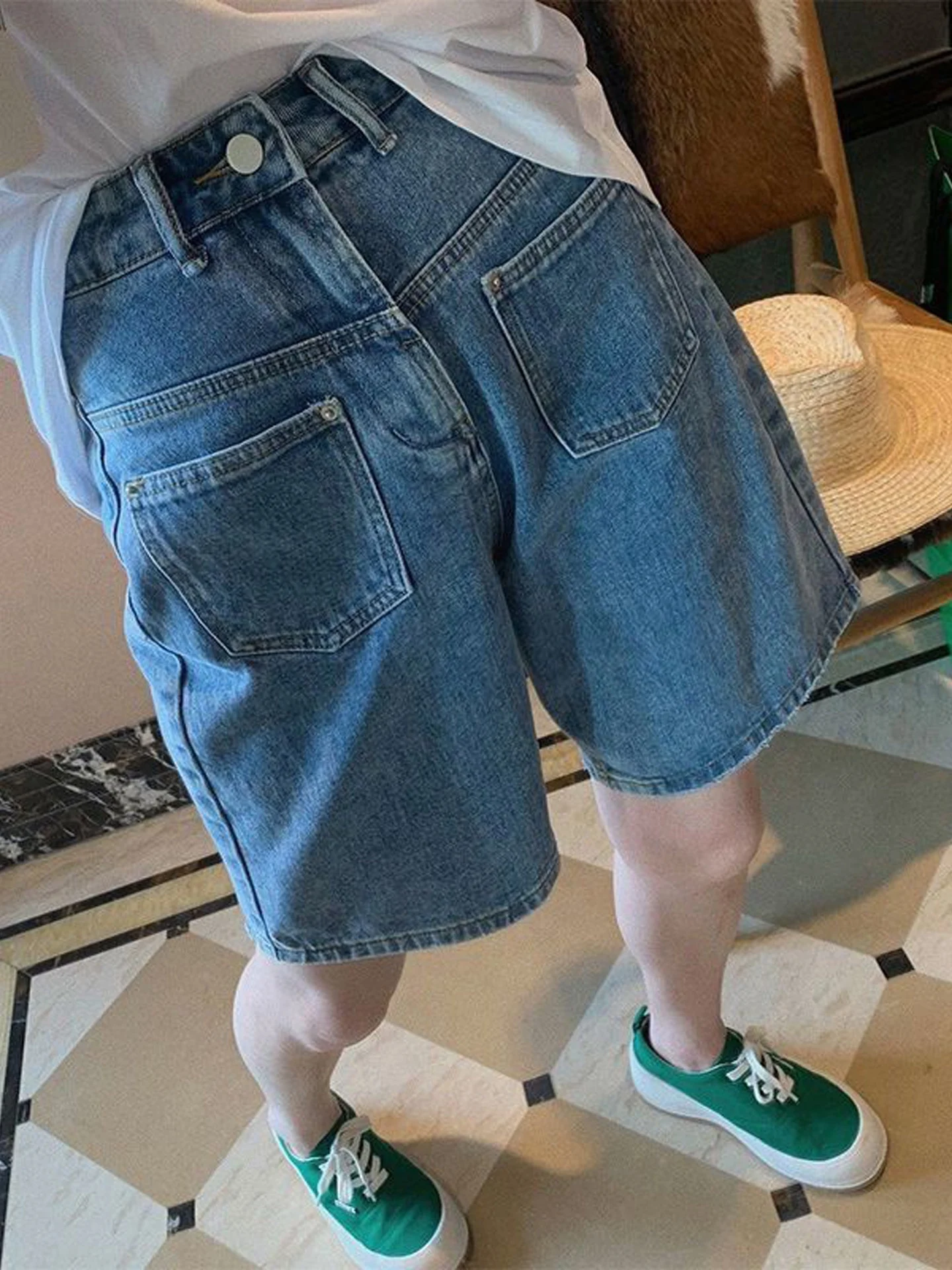 High Waist Wide Leg Jeans Shorts Women's Loose Slimming Thin Five-Point Pants Autumn New Style Versatile A-Line Mid-Pants