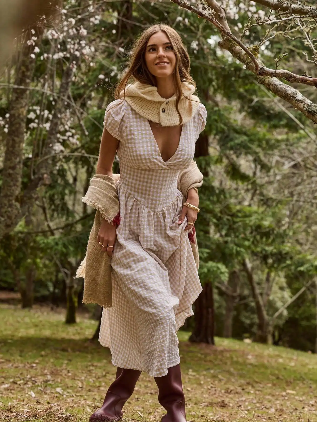 

V-Neck Crossover Cap Sleeve Gingham Print Drop Waist Midi Dress