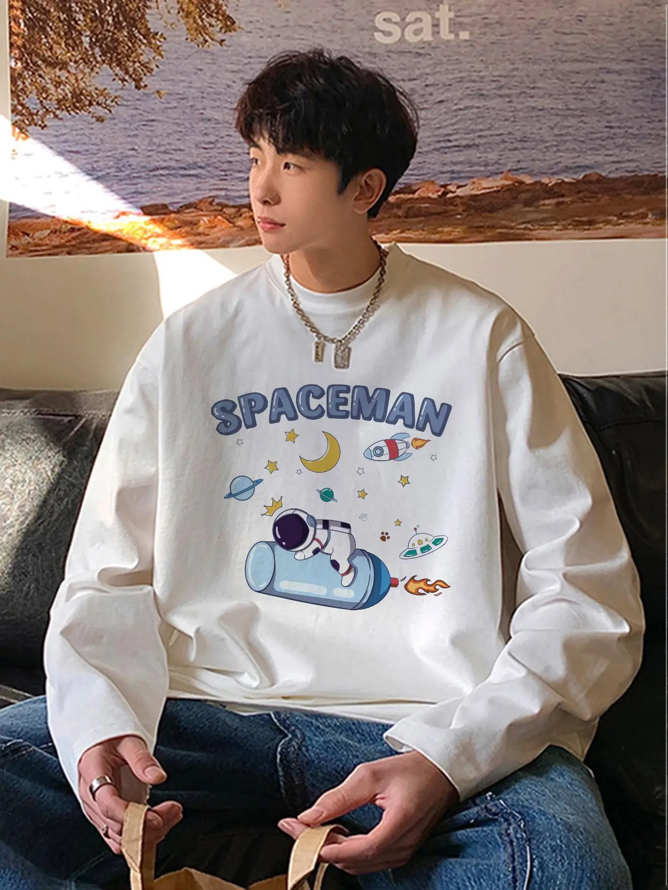 Y2k Long Sleeve Man Tshirts Hip Hop Brand Tops Spaceman Cartoon Print Unisex Clothing Harajuku Autumn New Male Tee Oversize