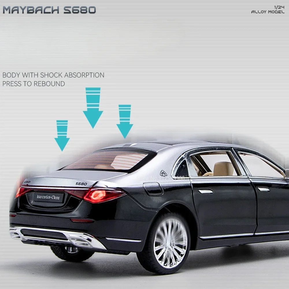 Modelo de coche Maybach S680, escala 1:24, puertas de juguete que se pueden abrir, luz de sonido, extraíble, simulación fundida, colección de niños, regalos de decoración